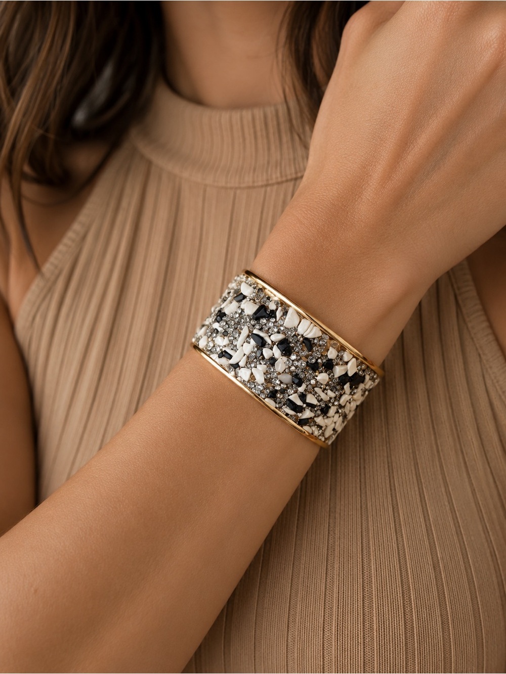 Rock Your Wrist: Black & White Rhinestone Bangle